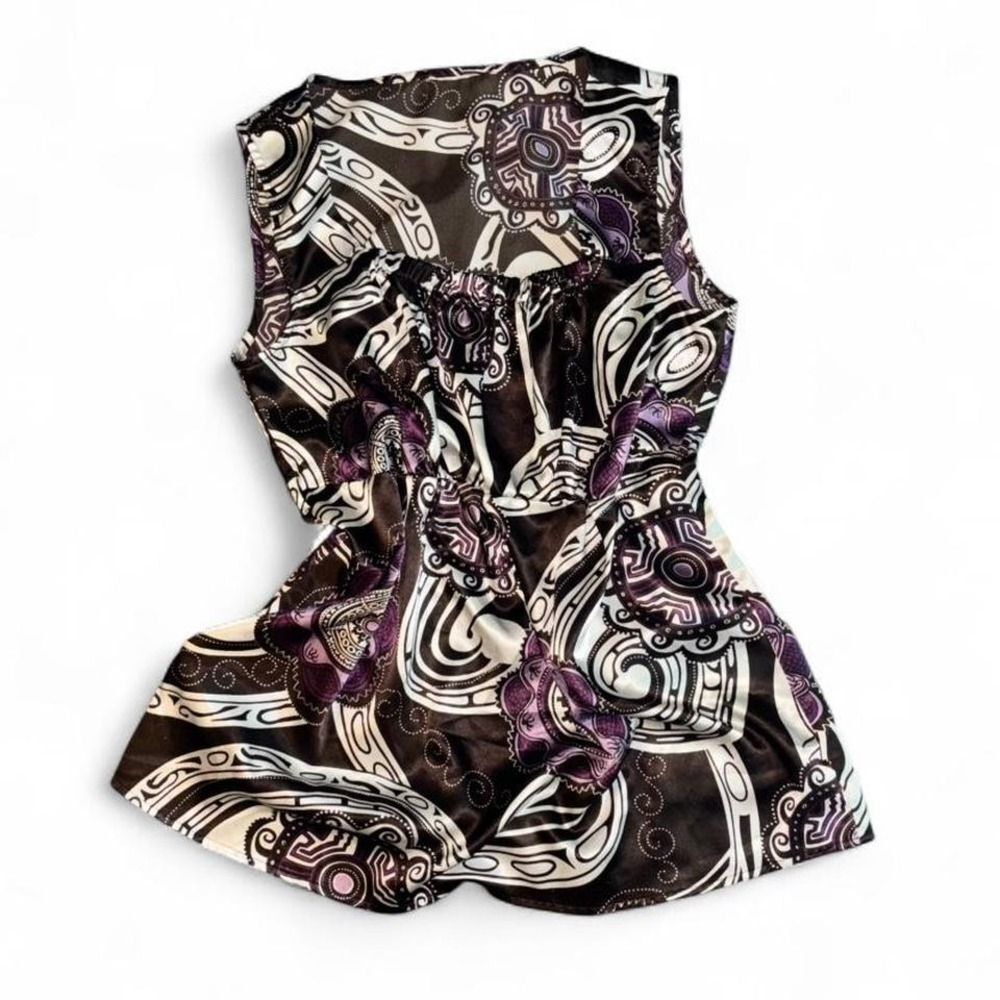 💜 Y2K Vintage Silky Square Neck Blouse | Purple & Black Paisley Top (S)